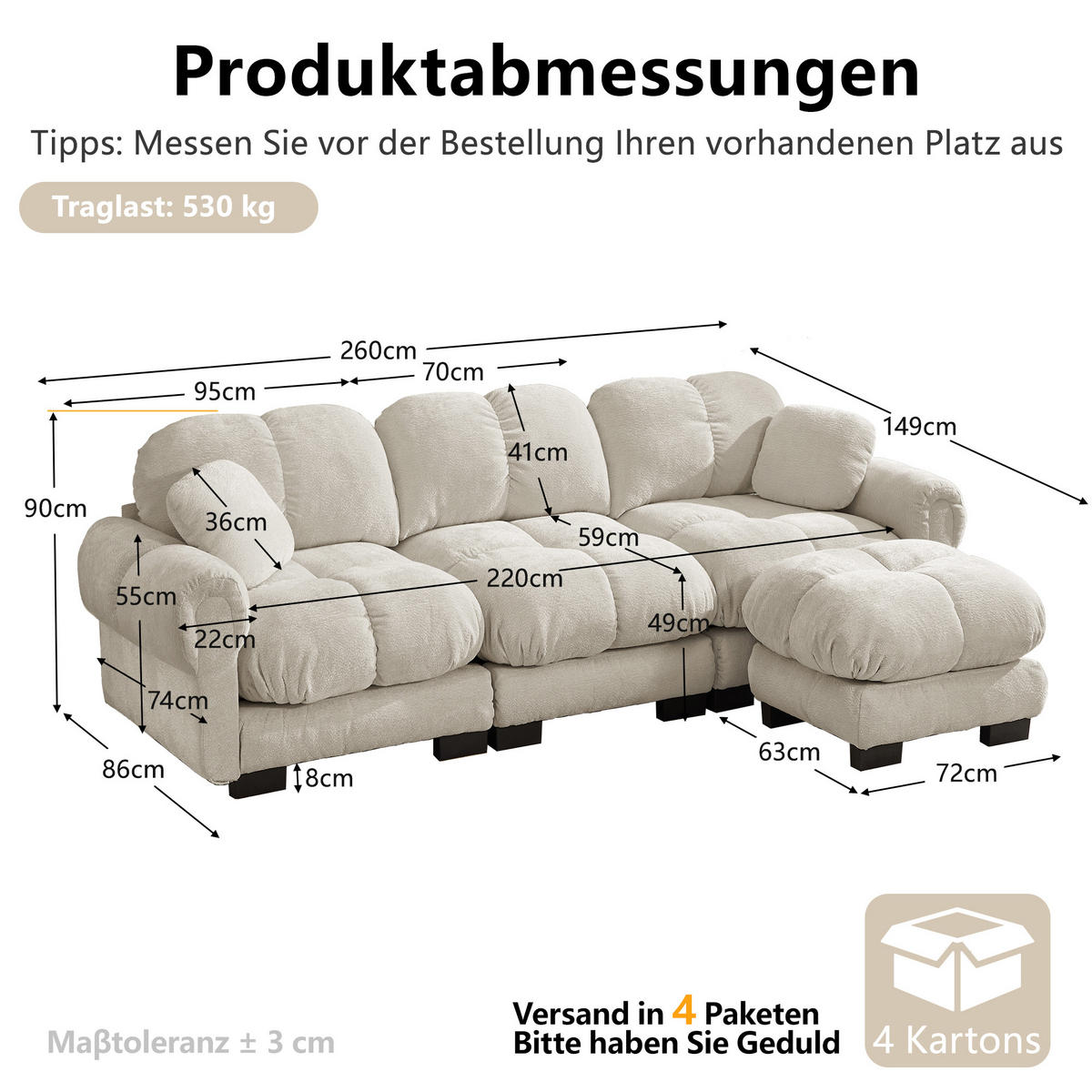 ECKSOFA 260/149/90 cm Hellkhaki Cord mit mobiler Ottomane und 2 kleinen Dekokissen - Kaschmir/Graubraun, Textil (260/149cm) - Oxeza