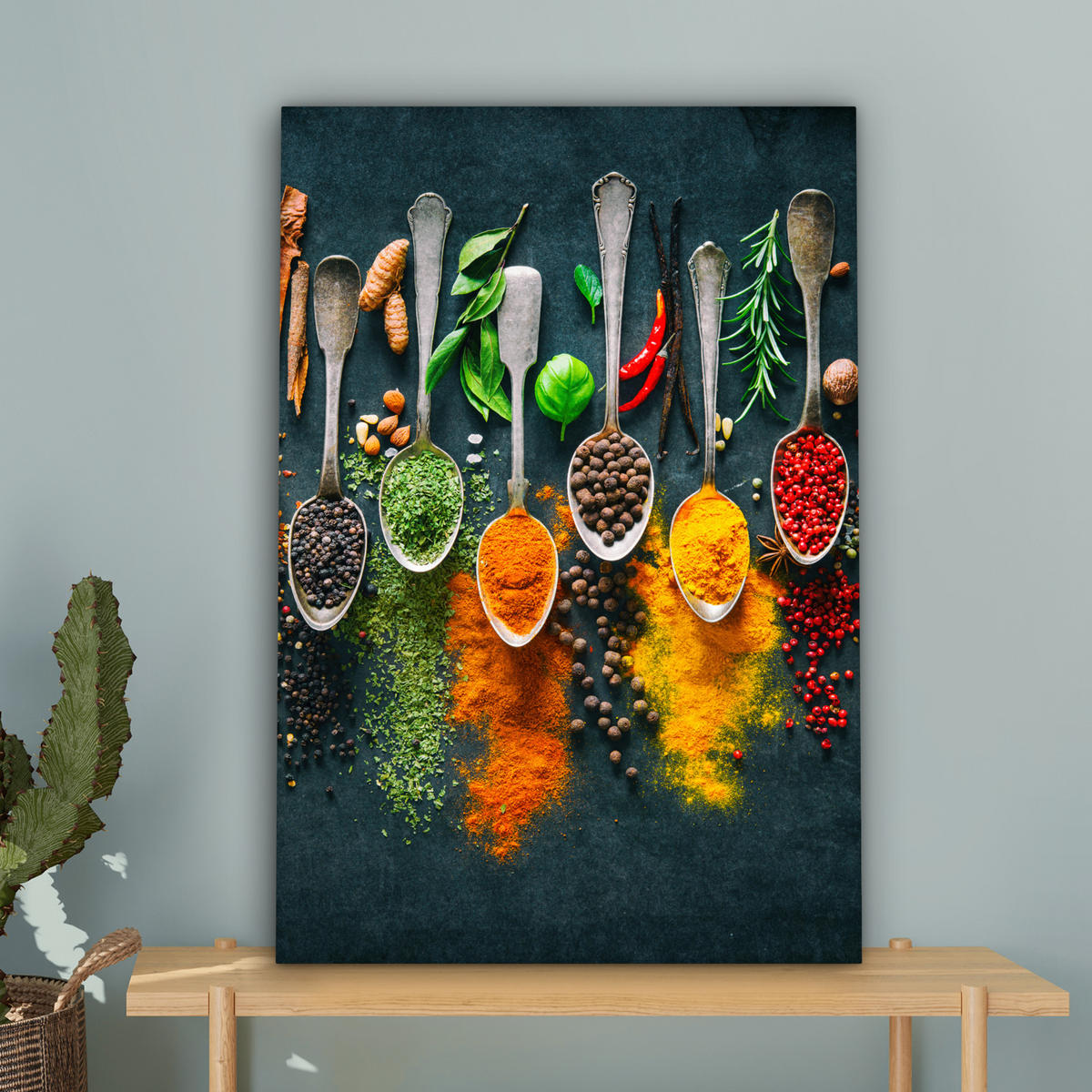 LEINWANDBILD Kräuter - Gewürze - Löffel Wanddeko 40x60 cm - Currygelb, Textil (40/60cm) - MuchoWow