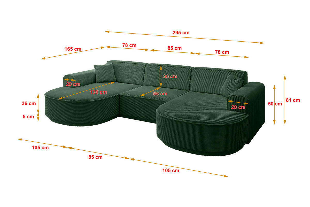 WOHNLANDSCHAFT MARI-U1-v3 - 295x163x81 cm Grün Cord - Schwarz/Grün, Holzwerkstoff/Kunststoff (295/81/163cm) - ALTDECOR