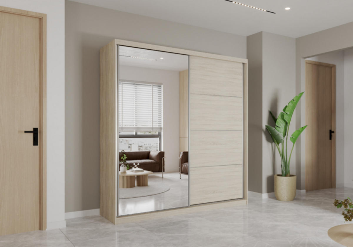 SCHIEBETÜRENSCHRANK - Schrank POSA 42 Sonoma - Sonoma Eiche, Holzwerkstoff (203/218/61cm) - Möblo