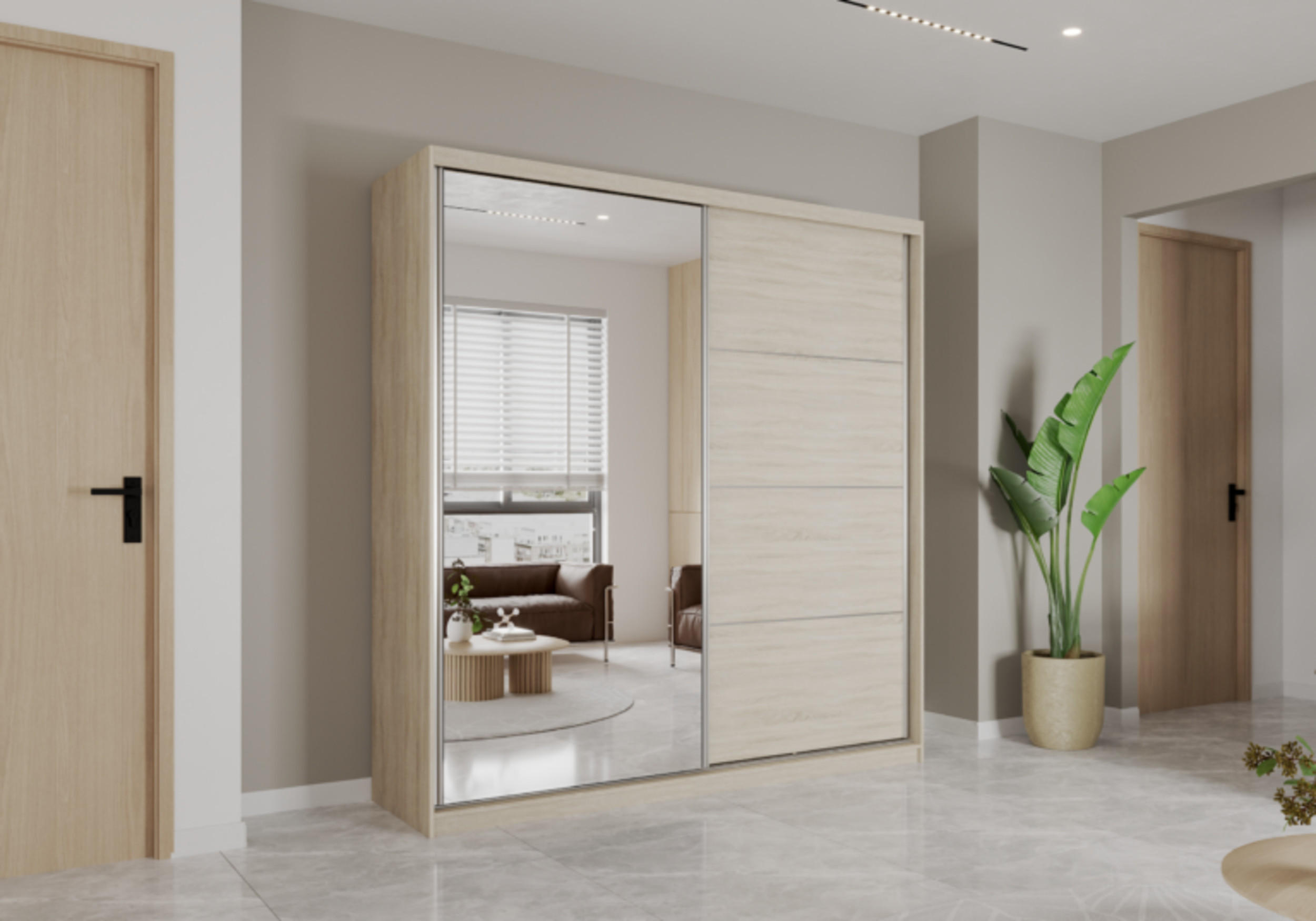 Thumbnail - Möblo Schiebetürenschrank, Sonoma Eiche, Holzwerkstoff, 3 Schubladen, Rechteckig, 203x218x61 cm, Schlafzimmer, Kleidersc...
