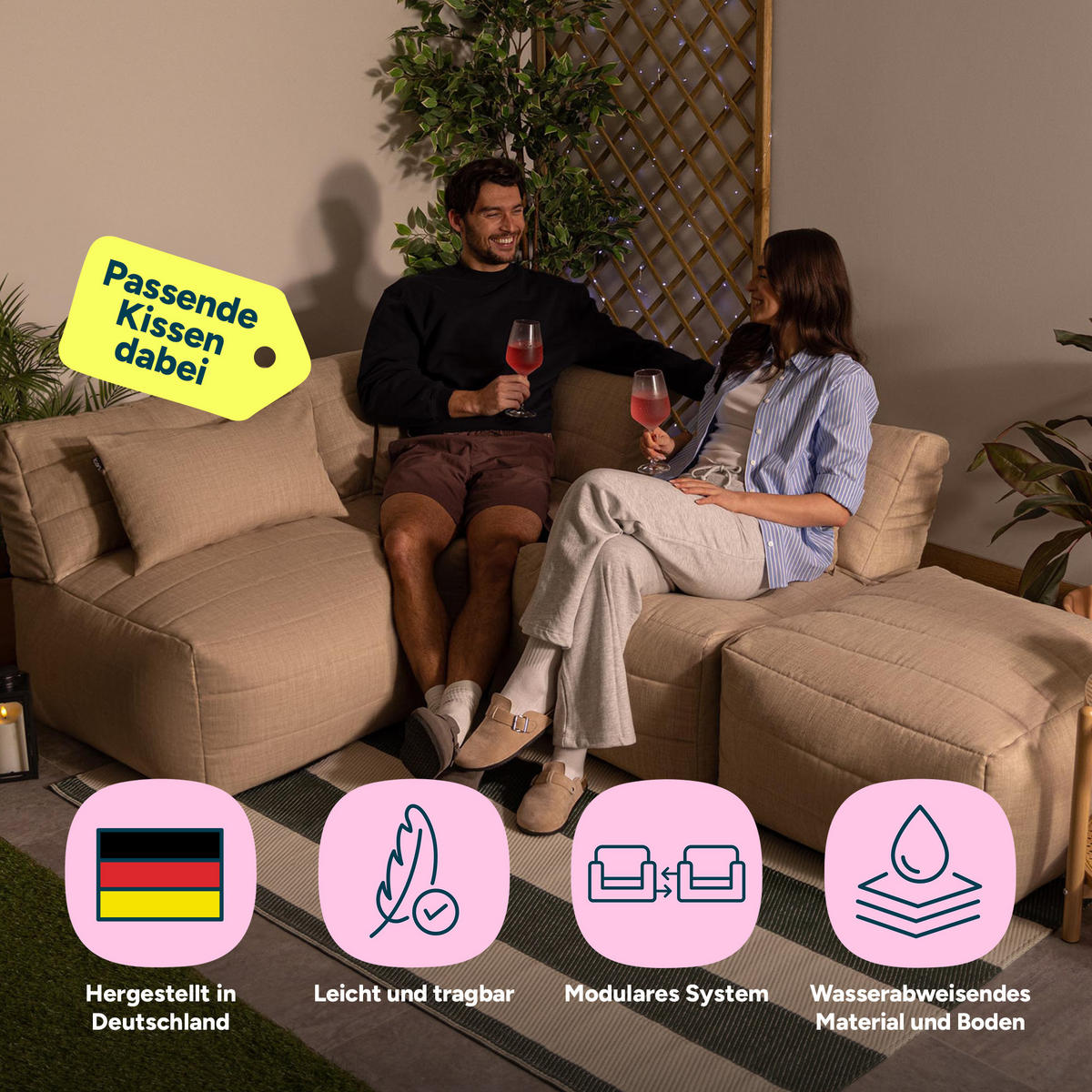 SITZSACK-SOFA 4-tlg. modular outdoor Noa - Beige, Textil (303/70/78cm) - icon