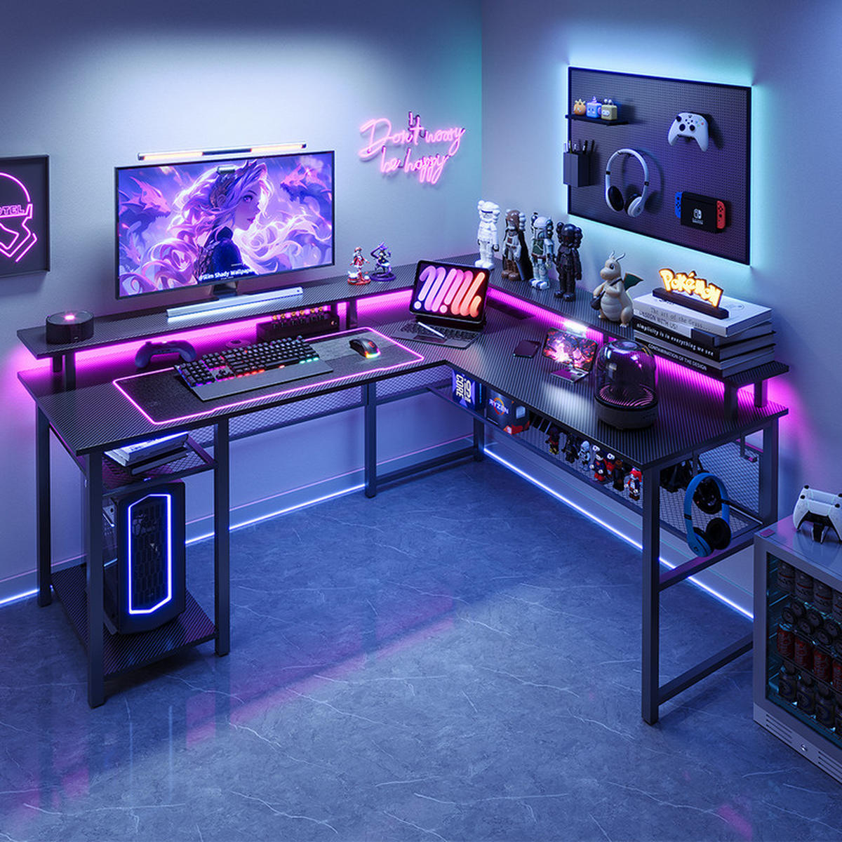 GAMINGTISCH L-förmig, 140 x 120 x 75 cm, Eck-Computertisch mit Stauraum, Monitorständer, 2 USB-Ladegerät, 3 Steckdosen, LED - Schwarz, Metall (140/48/75cm)