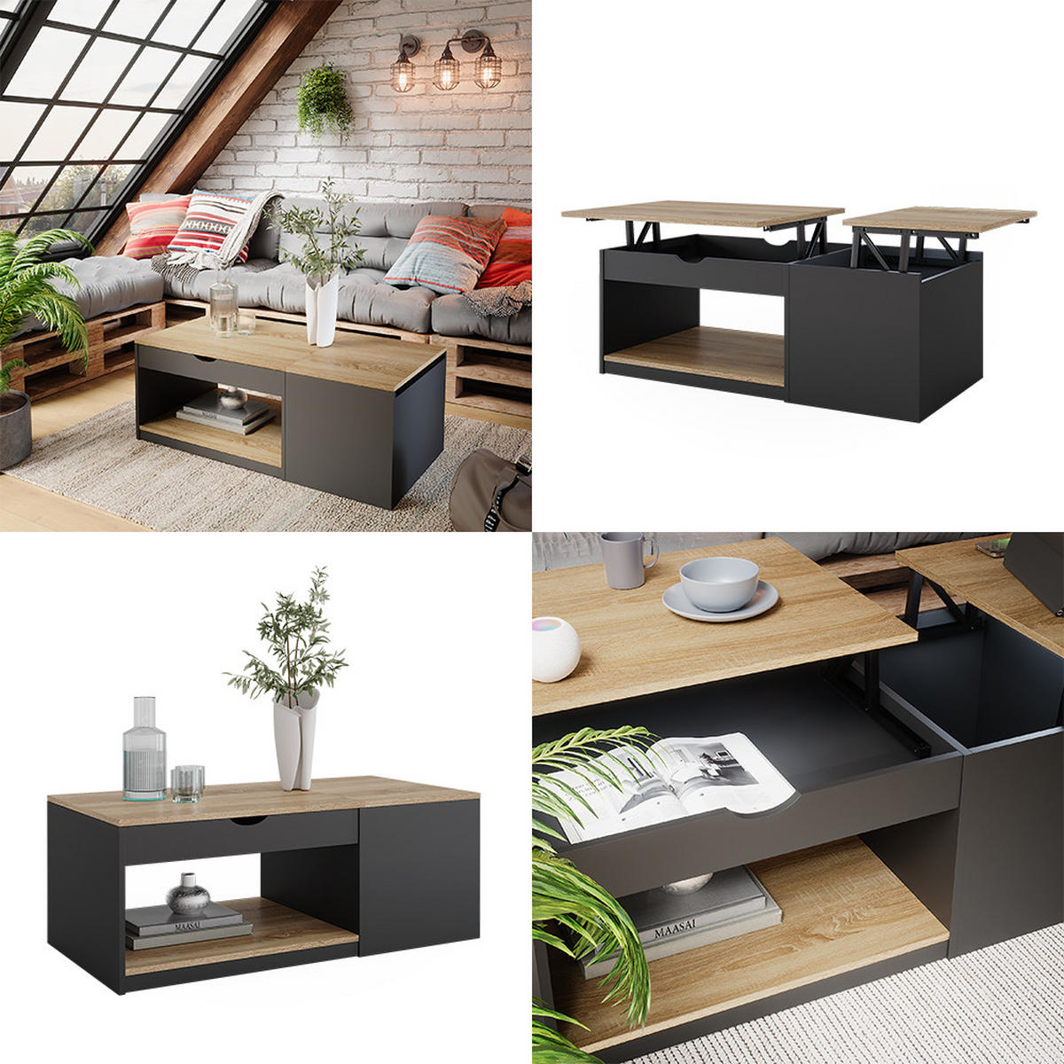 COUCHTISCH Avela Schwarz 110 x 110 cm - Schwarz/Sonoma Eiche, Holzwerkstoff (110/55/54cm) - Vicco