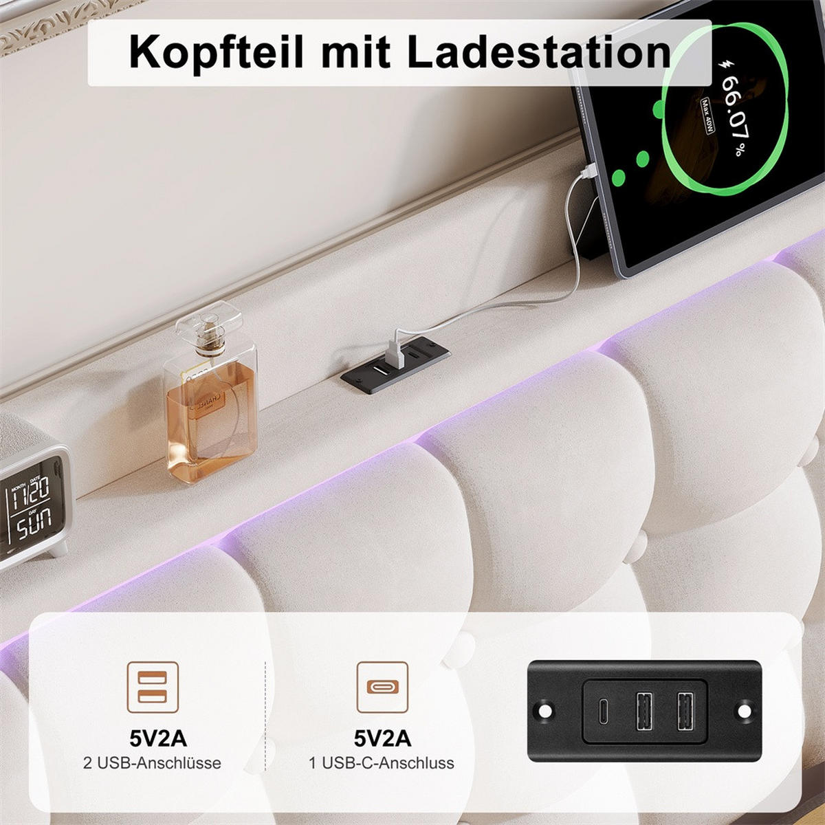 POLSTERBETT 140 x 200 cm - mit LED-Beleuchtung und USB-Ladestation - ohne Matratze - Weiß - Weiß, Textil (140/200cm) - DELFA