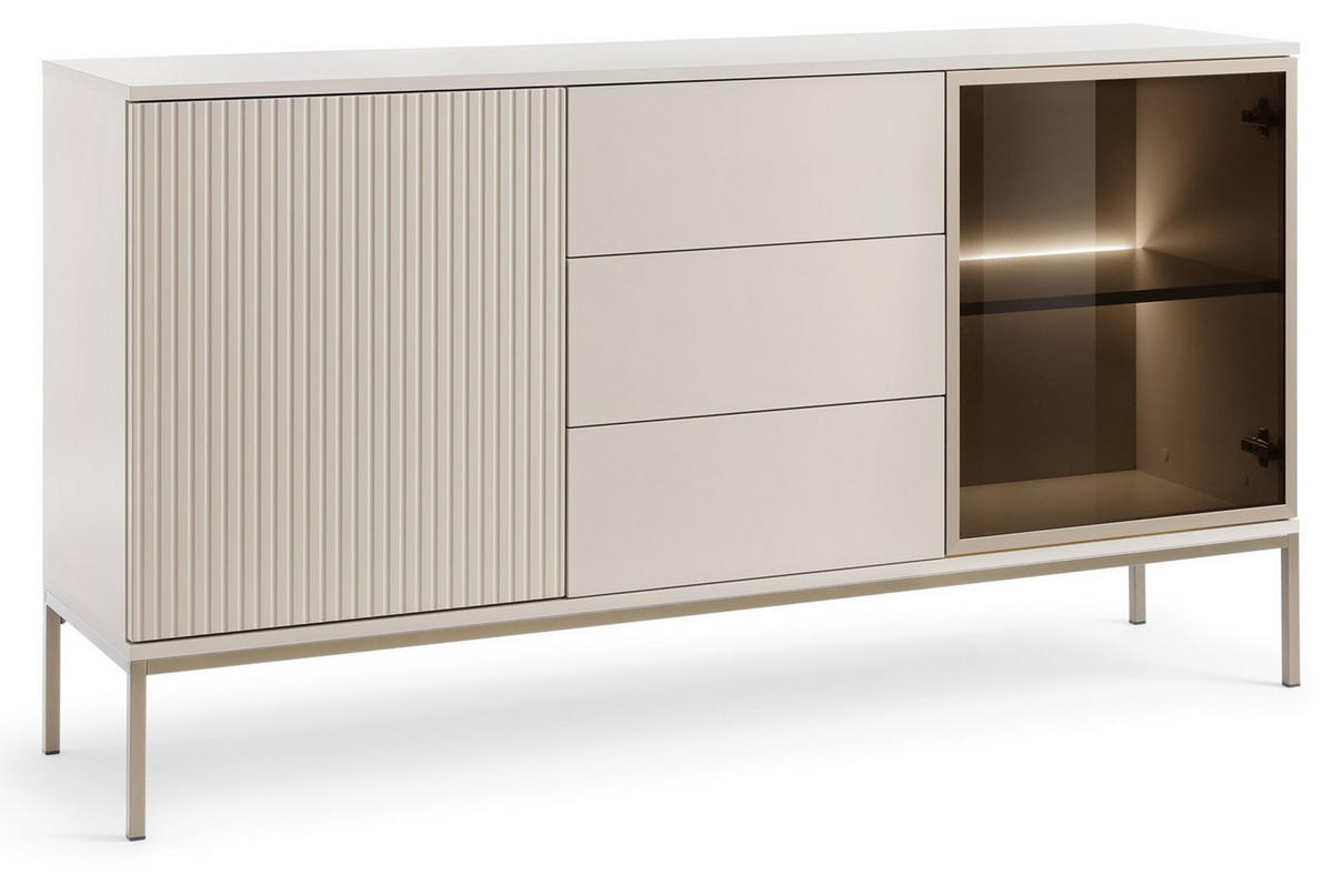 KOMMODE 150 cm Haller mit Schubladen, LED-Beleuchtung, Lamellen, Kaschmir - Beige, Holz (154/83/39cm) - Emporius