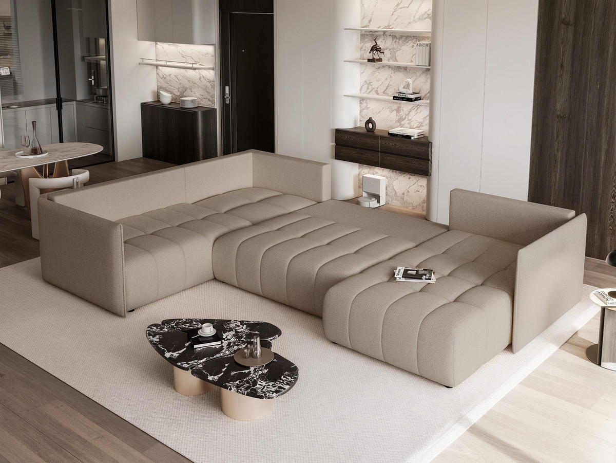 WOHNLANDSCHAFT LORISSE mit Schlaffunktion und Bettkasten Beige - Beige, Holzwerkstoff/Kunststoff (300/85/90cm) - Idohome