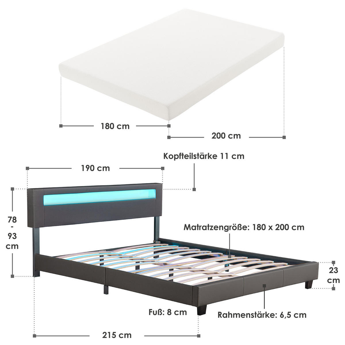 POLSTERBETT Paris dunkelgrau 180x200cm mit Matratze und LED (16 Farben) - Grau, Textil (180/200cm) - Juskys