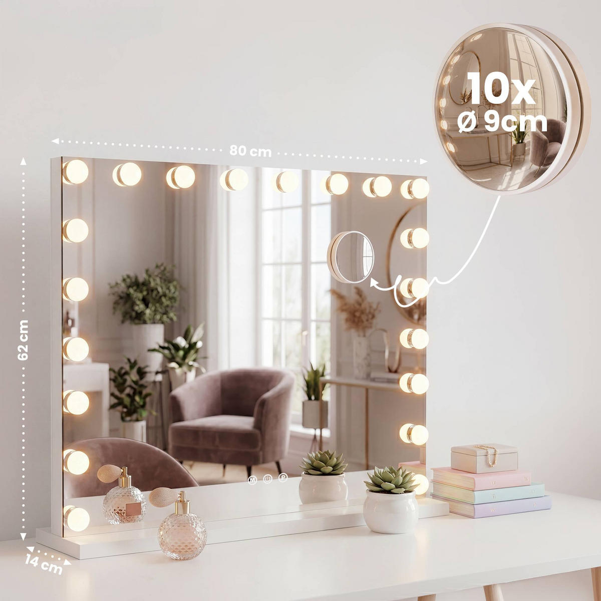 SCHMINKSPIEGEL Dora Licht 80x3x62cm Holz Weiß Hollywood - Weiß, Holz (80/62/14cm) - DELUKE