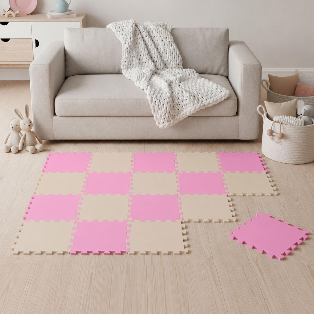 SPIELMATTE ab Null - 180/90/1 cm Puzzlematte Beige - Pink/Beige, Kunststoff (30/30cm) - Littletom