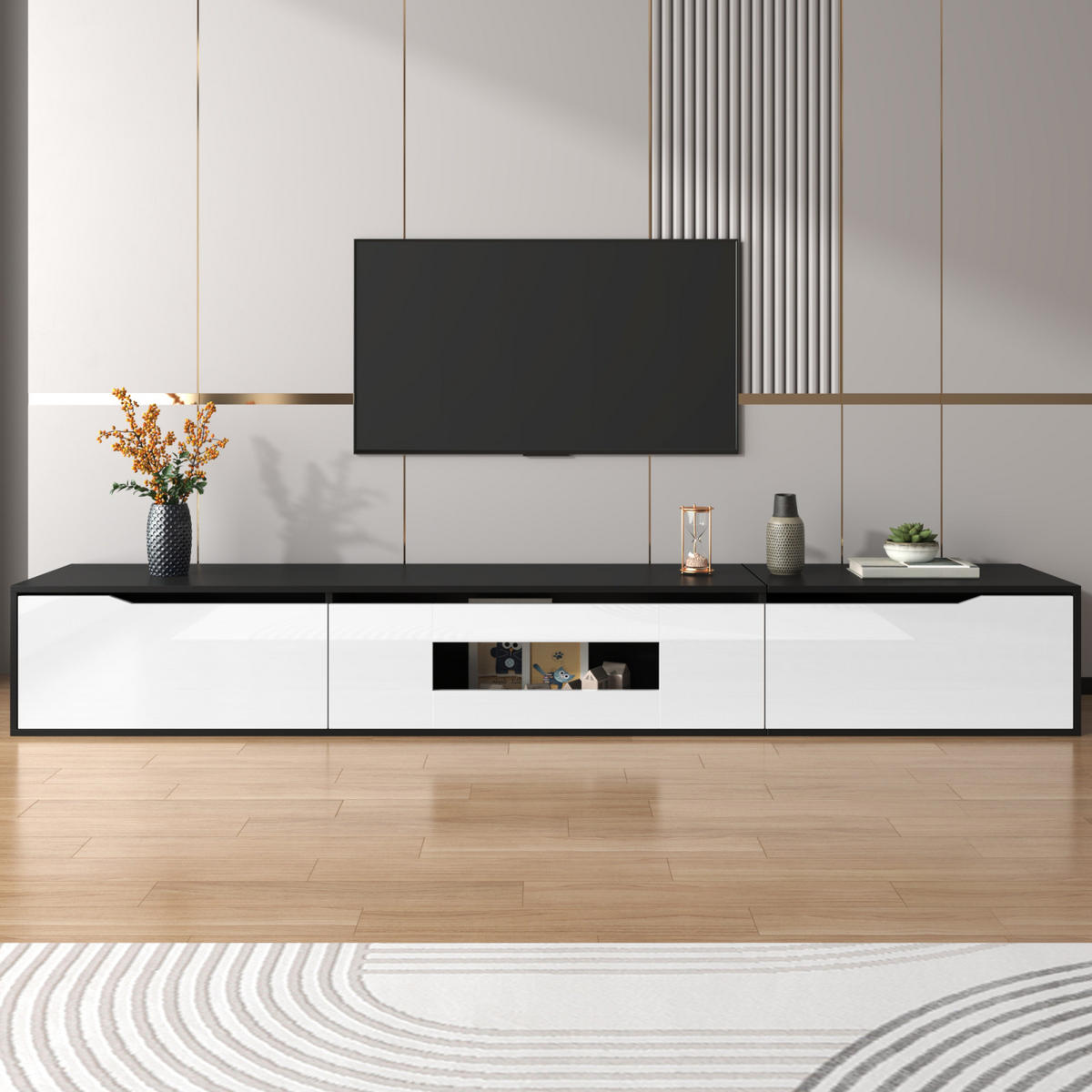 TV Lowboard LED 180 cm, Wandmontage, Schwarz Weiß - Schwarz, Holz (180/30/35cm)