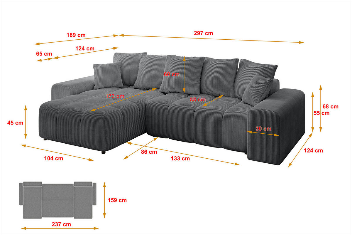 ECKSOFA Ottomane links ENIL-L 297x189x68 Dunkelgrau Cord - Dunkelgrau, Holzwerkstoff/Kunststoff (297/189cm) - ALTDECOR
