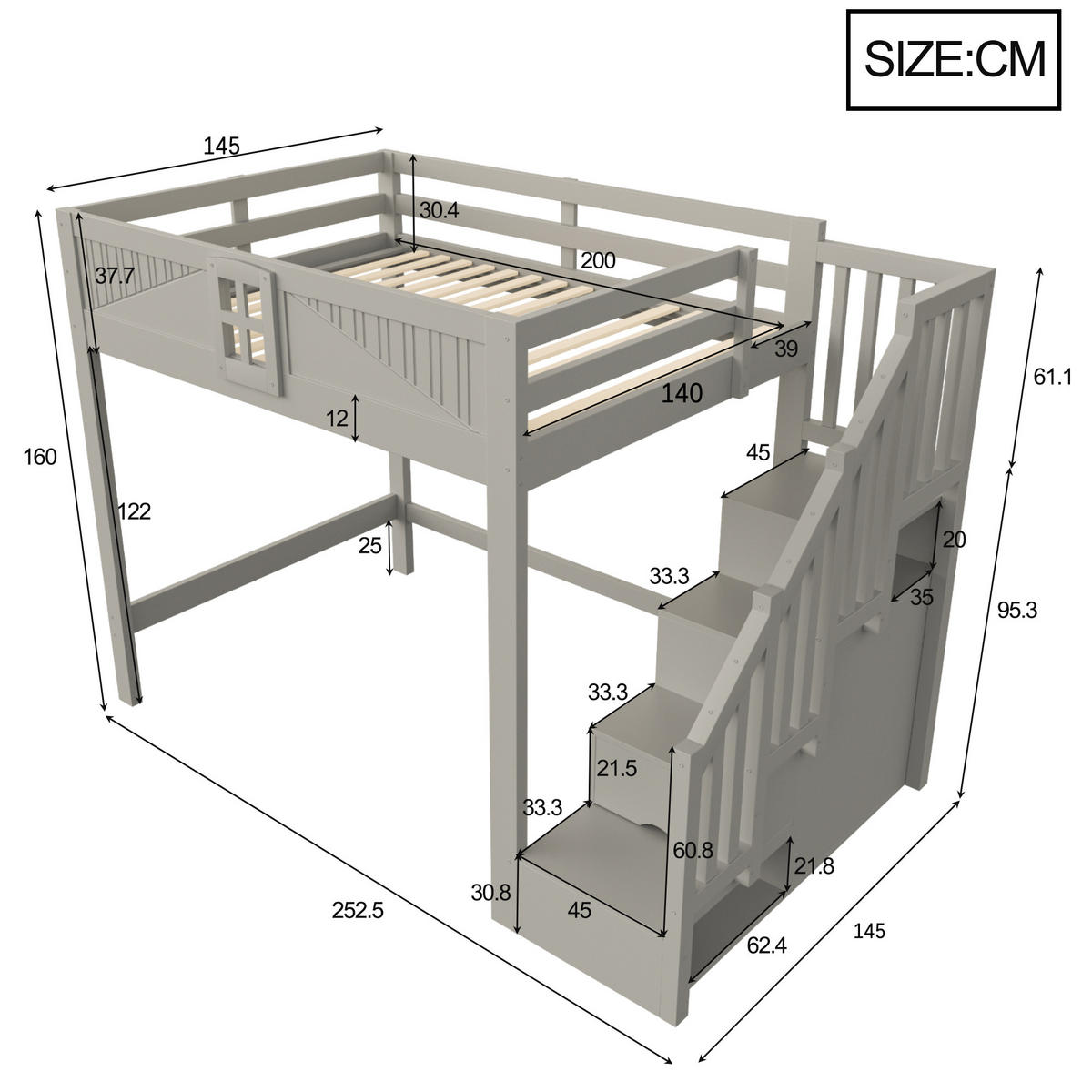 HOCHBETT 140/200 cm mit Stauraumleiter, DE-41580, in Grau - Grau, Holzwerkstoff (140/200cm) - ComfortXL
