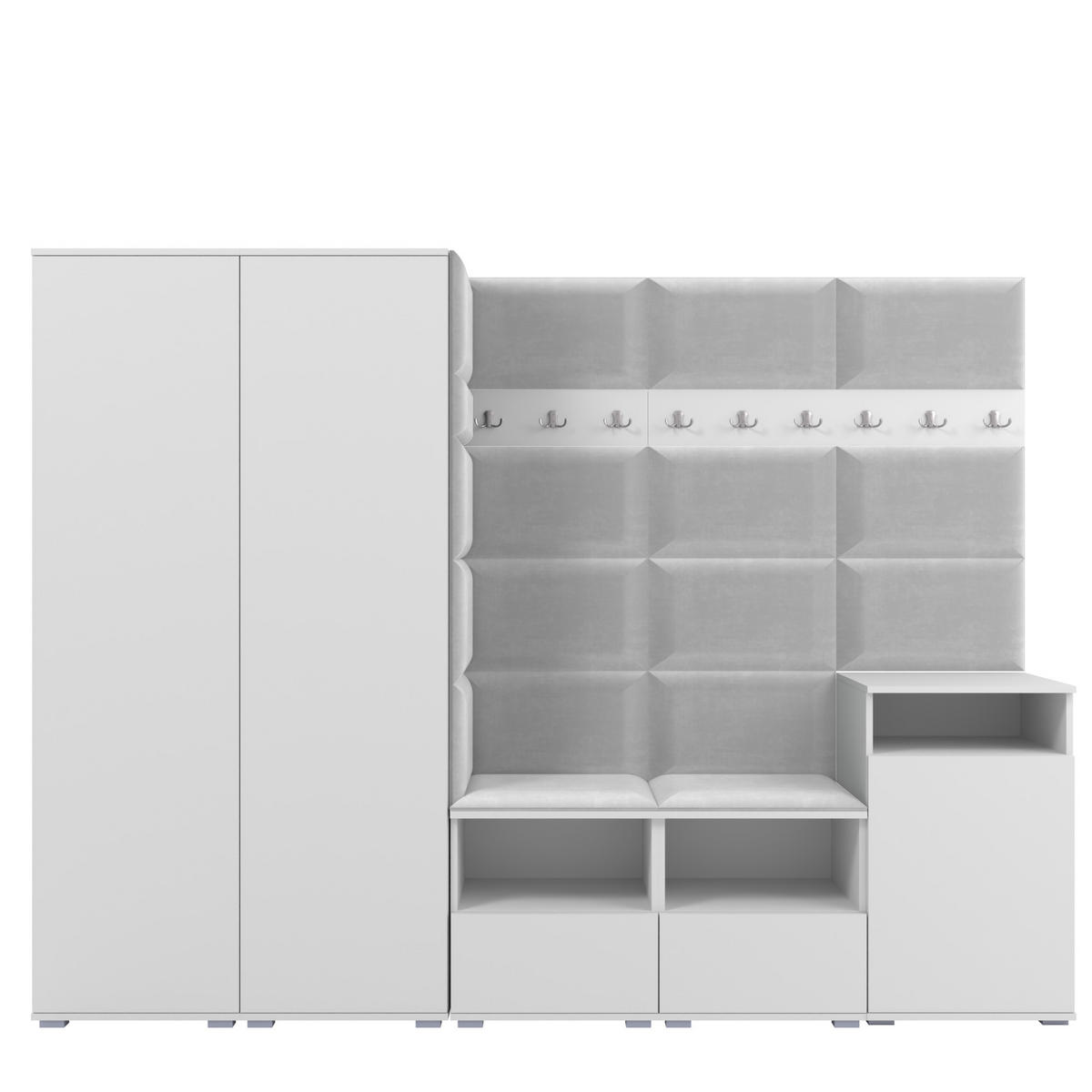 GARDEROBE NELA VIII 250 cm (Modulare Flurmöbel Weiß mit Sitzpolster Hellgrau 32 2 Schränke + Sideboard) - Silberfarben/Hellgrau, Holz/Holzwerkstoff (250/187/40cm) - Ravio