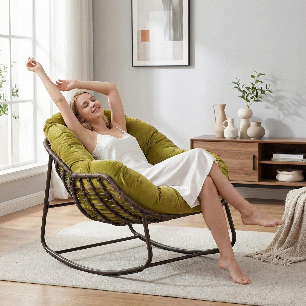 SCHAUKELSTUHL Schaukelsessel,Rattanstuhl mit Stahlrahmen,Olivgrün-Samt - Olivgrün, Metall (94.5/80/111cm) - LVHOM