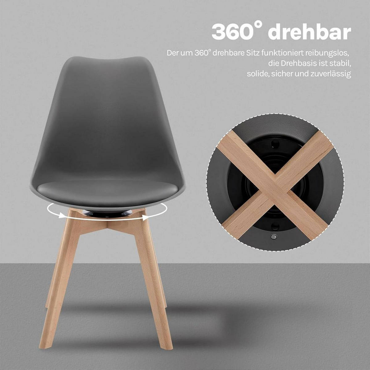 STUHL 4er Set, drehbar, Kunstleder, Massivholz, Grau - Buchefarben/Grau, Holz/Kunststoff (48/83/58.5cm) - Woltu