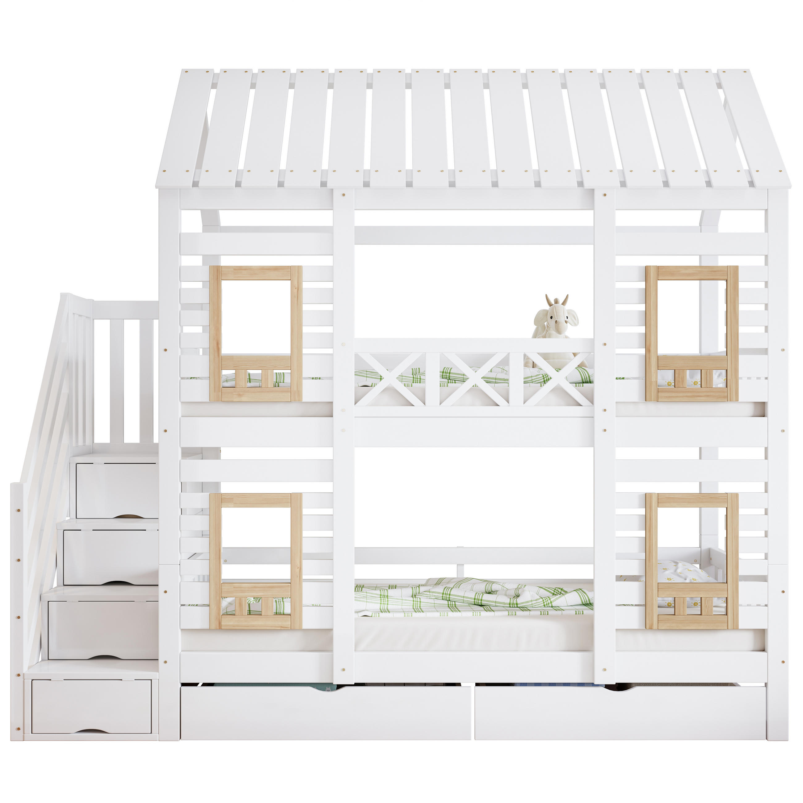 ETAGENBETT 90/200 cm weiß und natur aus Massivholz mit Treppe und Schubladen - Weiß, Holz (90/200cm) - OKWISH