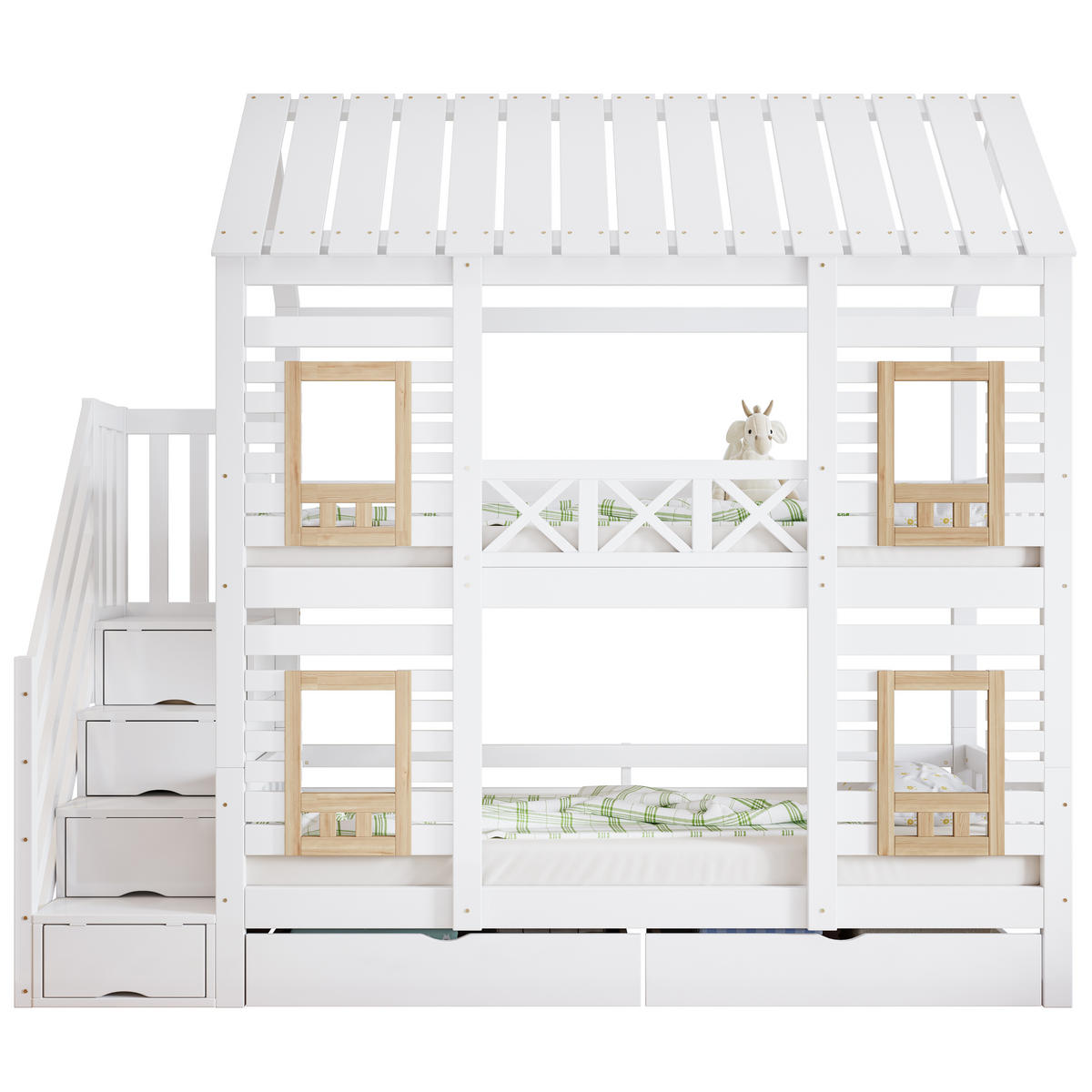 ETAGENBETT 90/200 cm weiß und natur aus Massivholz mit Treppe und Schubladen - Weiß, Holz (90/200cm) - OKWISH