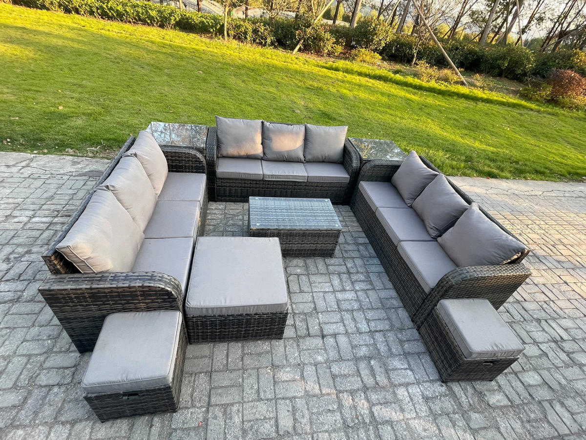 GARTENMÖBELGARNITUR mit KISSEN Polyrattan Dunkelgrau 12-Sitzer - Dunkelgrau/Grau, Glas/Kunststoff - Fimous