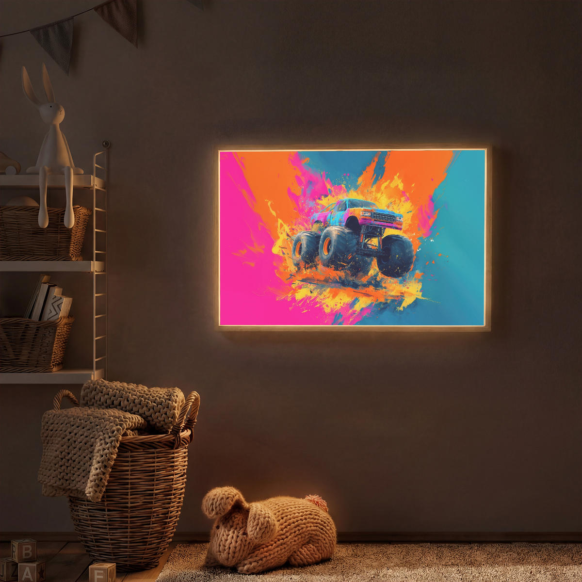 DOBÍJECÍ NOČNÍ LAMPIČKA Monster truck - Abstraktní - Stříkající barva - Barevné 90x60 cm - růžová, kompozitní dřevo (8/90/60cm) - OnlyWow