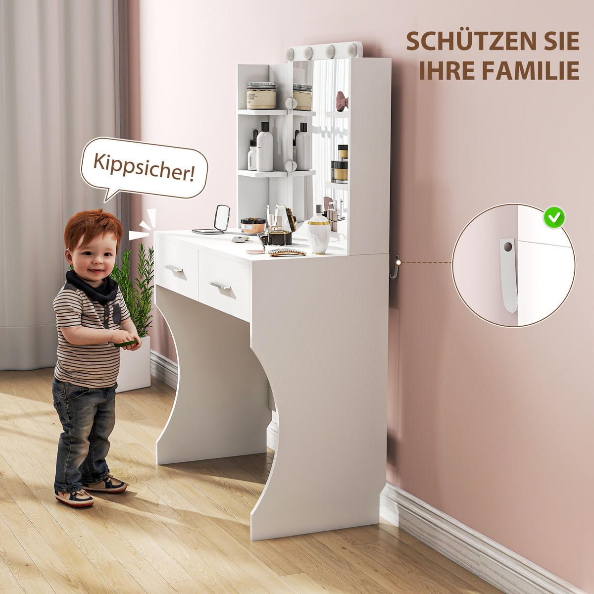 SCHMINKTISCH mit dimmbarer LED-Beleuchtung, Kosmetiktisch mit Spiegel Weiß - Weiß, Karton (40/132/80cm) - HOMCOM
