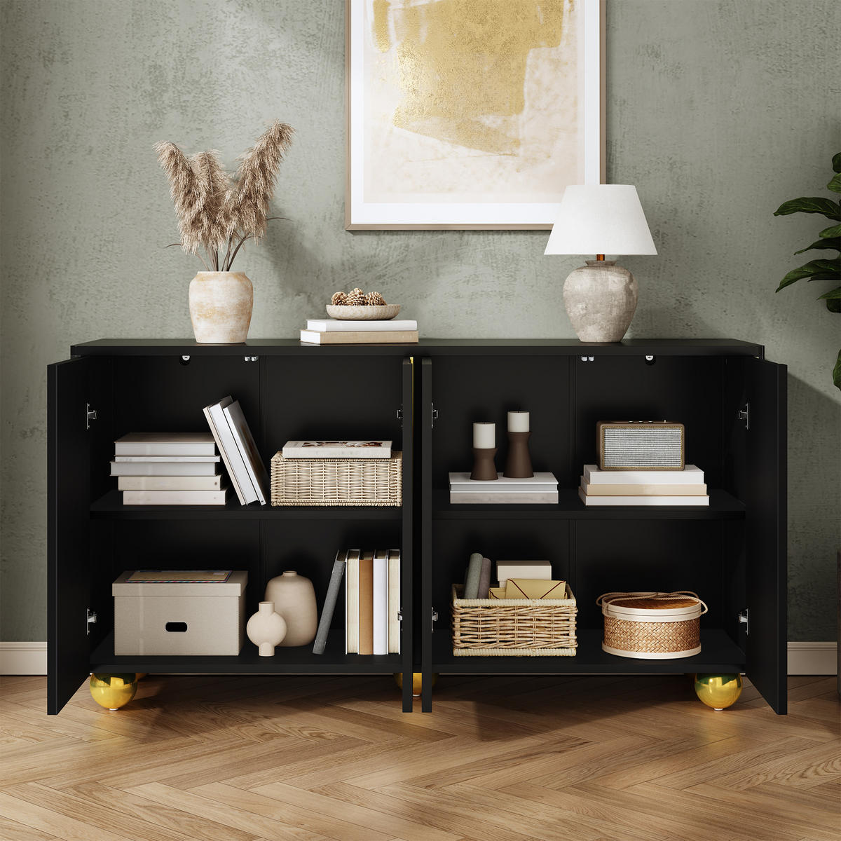 SIDEBOARD 4 Türen Goldlinien Design Kugelfüße Modern Schrank - Schwarz, Holzwerkstoff (140/74/40cm) - FLIEKS