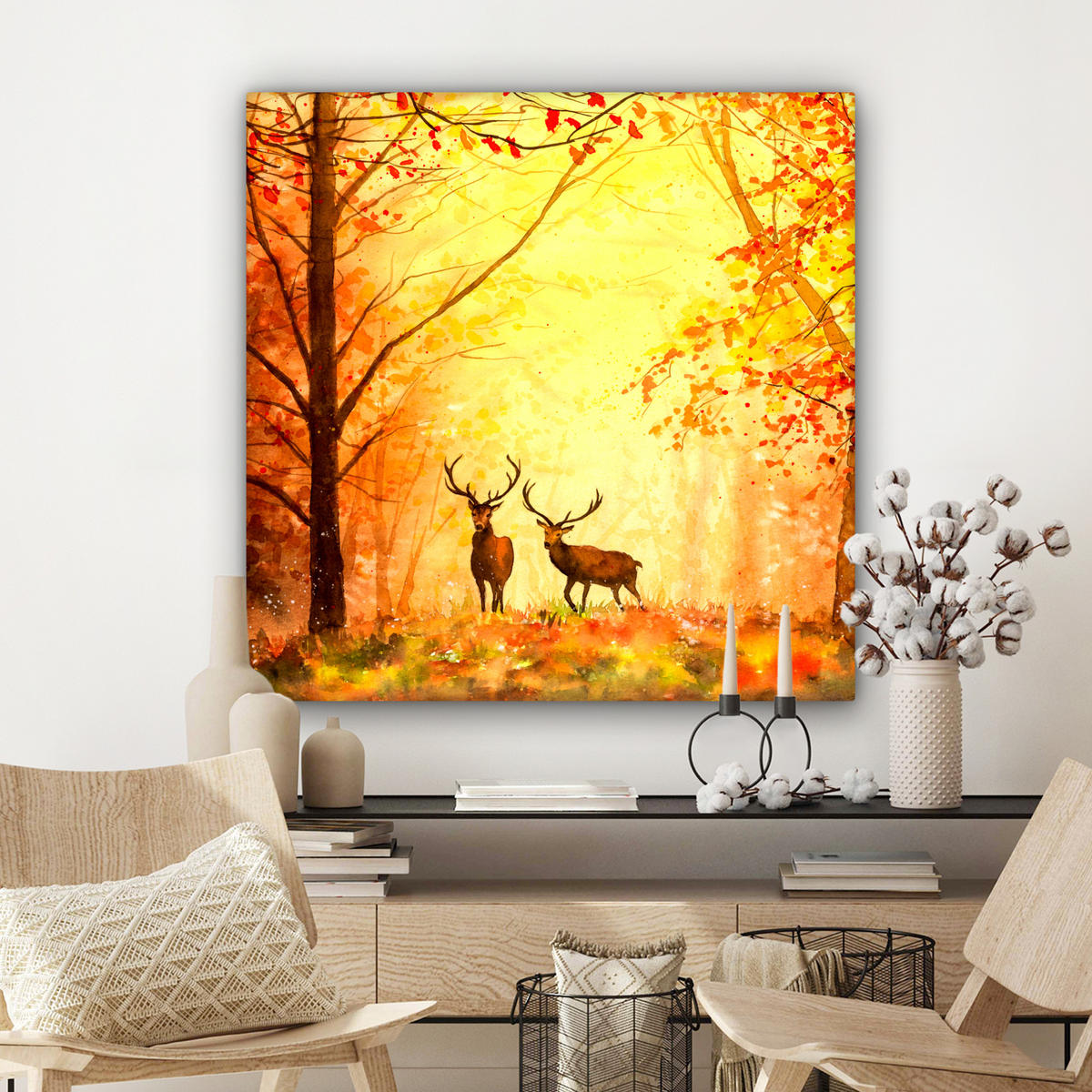 LEINWANDBILD Natur - Ölfarbe - Hirsche - Tiere - Herbst - Orange Deko Groß 90x90 cm - Orange, Textil (90/90cm) - MuchoWow