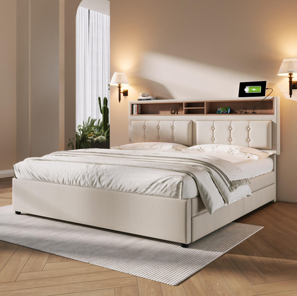 POLSTERBETT 140/200 cm mit Matratze, 4 Schubladen und verstellbarem Kopfteil - Beige, Textil (140/200cm) - BEAOK