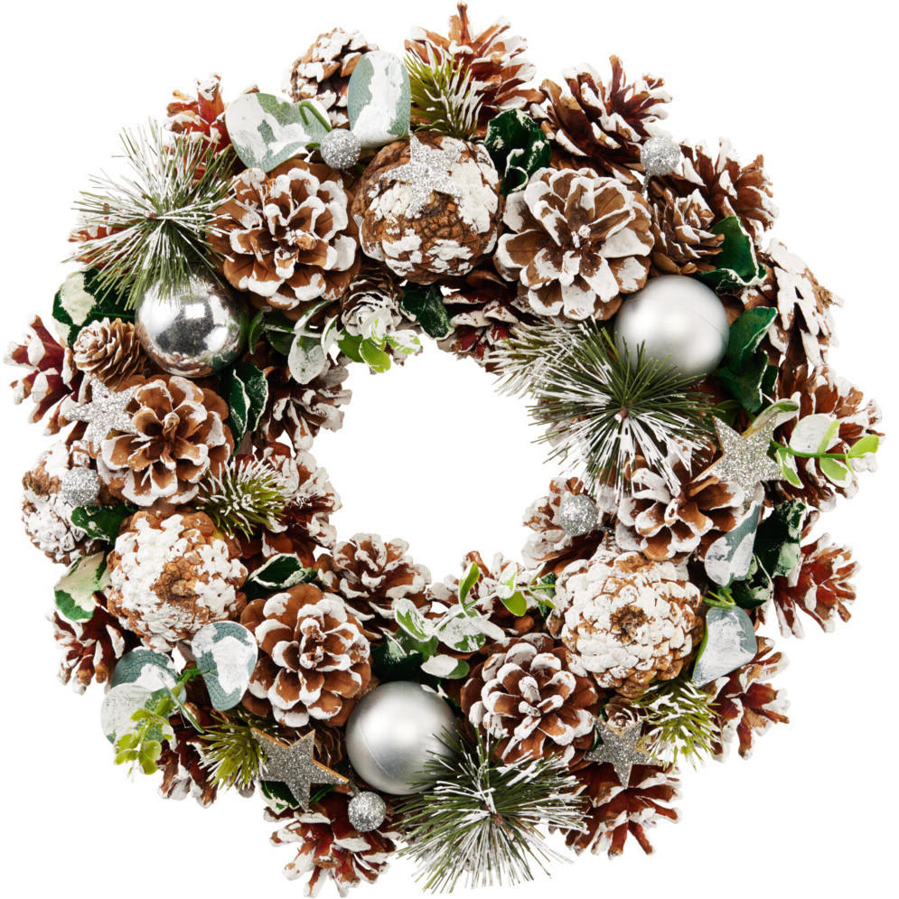 WEIHNACHTSKRANZ mit Tannenzapfen und Christbaumkugeln 34/34/8 cm - Silberfarben, Naturmaterialien (34/8/34cm) - Home Styling Collection