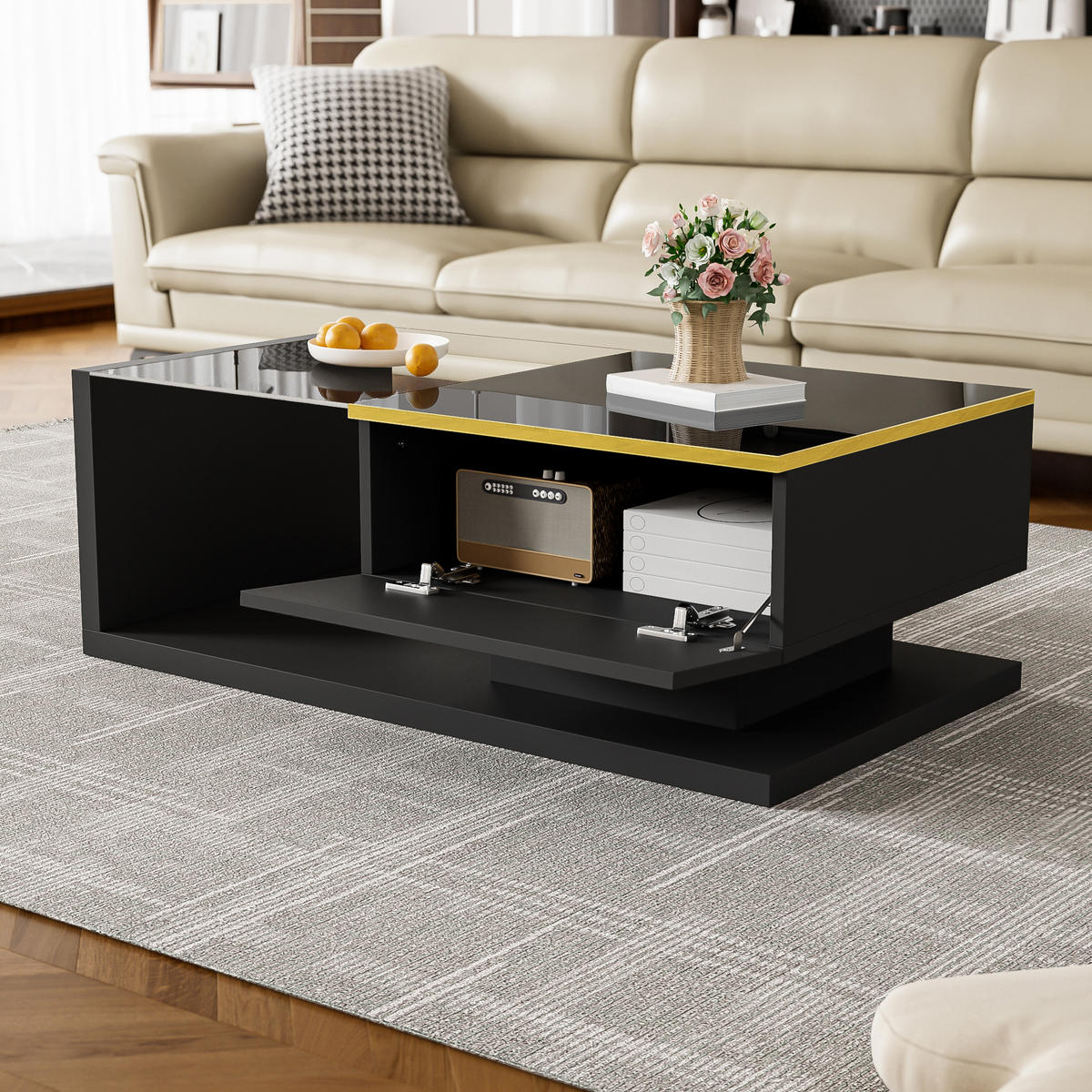 COUCHTISCH 90 cm Hochglanz LED schwarz - Schwarz, Holzwerkstoff (50/90/32.5cm) - LEBENLANG