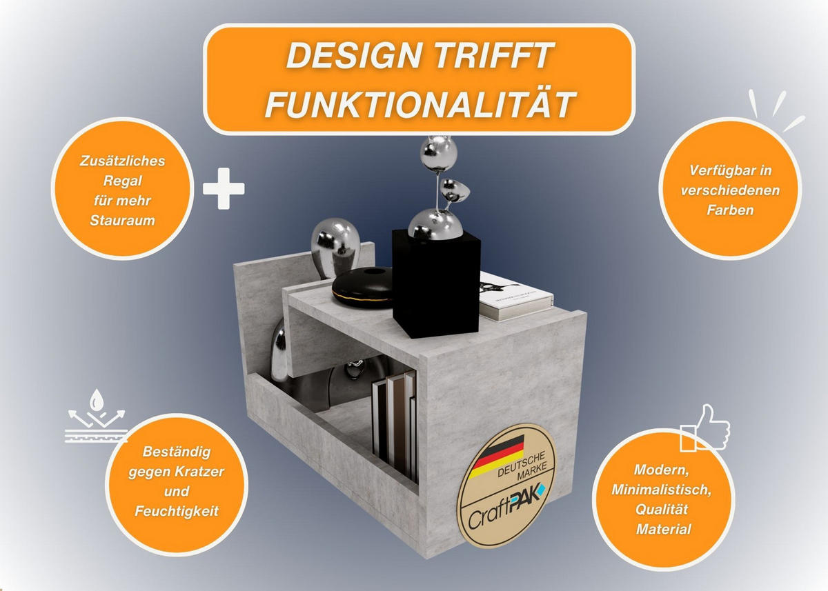WOHNZIMMERTISCH für Couch 3 mögliche Aufstellmöglichkeiten Grau 33/60/34cm - Grau, Holzwerkstoff (33/60/34cm) - CraftPAK