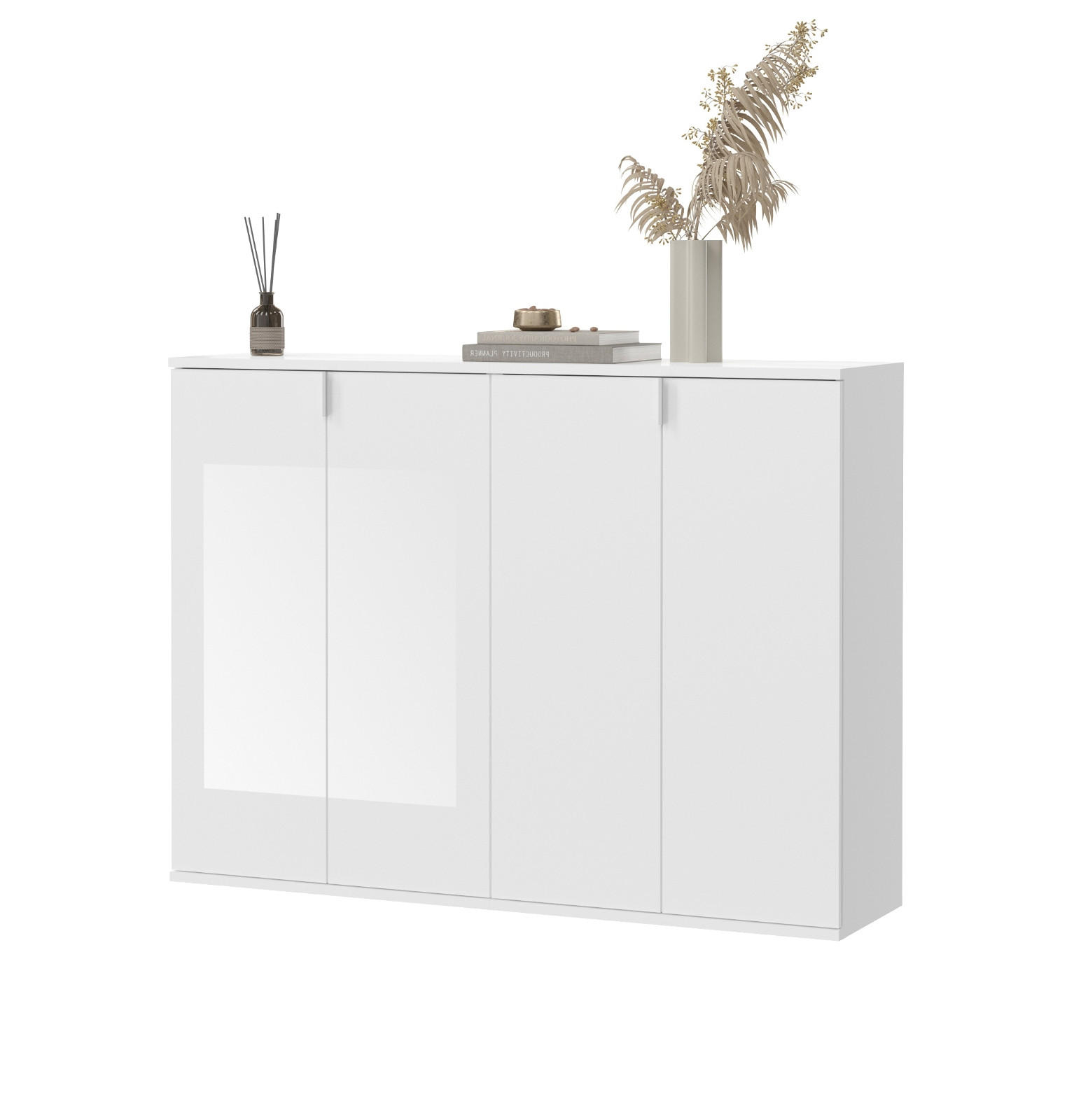 KOMMODE weiß Hochglanz 122 cm, Sideboard mit 4 Türen und 12 Fächern - Weiß Hochglanz/Silberfarben, Holzwerkstoff/Kunststoff (122/99/34cm) - Inn.Furn