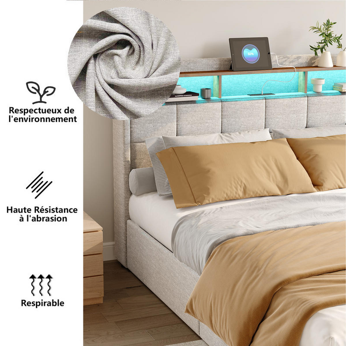 POLSTERBETT 140x200 cm, Beige, mit LED-Lichtleiste und 4 Metallschubladen, Lattenrost, Leinen, ohne Matratze - Beige, Holz (140/200cm) - WoodenAura