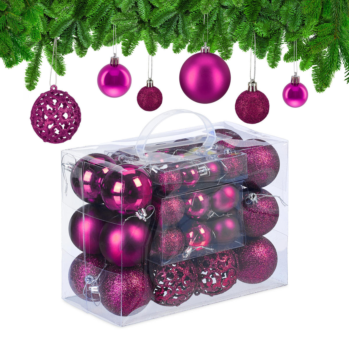 WEIHNACHTSKUGELN-SET 50-tlg. - Pink, Kunststoff (6/7/6cm) - Relaxdays