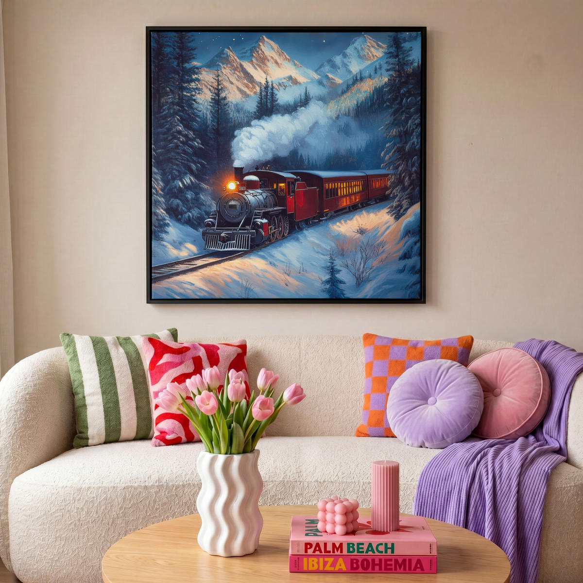 LEINWAND Bilder mit Rahmen - Zug - Weihnachten - Schnee - Weihnachtszug - 90x90 - Anthrazit, Textil (90/90cm) - MuchoWow