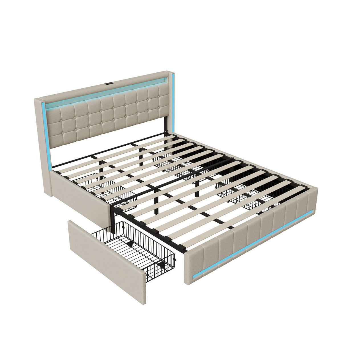 POLSTERBETT 180x200 cm, doppelbett, mit 4 Aufbewahrungsschubladen, LED-Licht und USB-Anschluss, Leinenstoff, beige - Beige, Holz/Textil (180/200cm) - BRILVERDE
