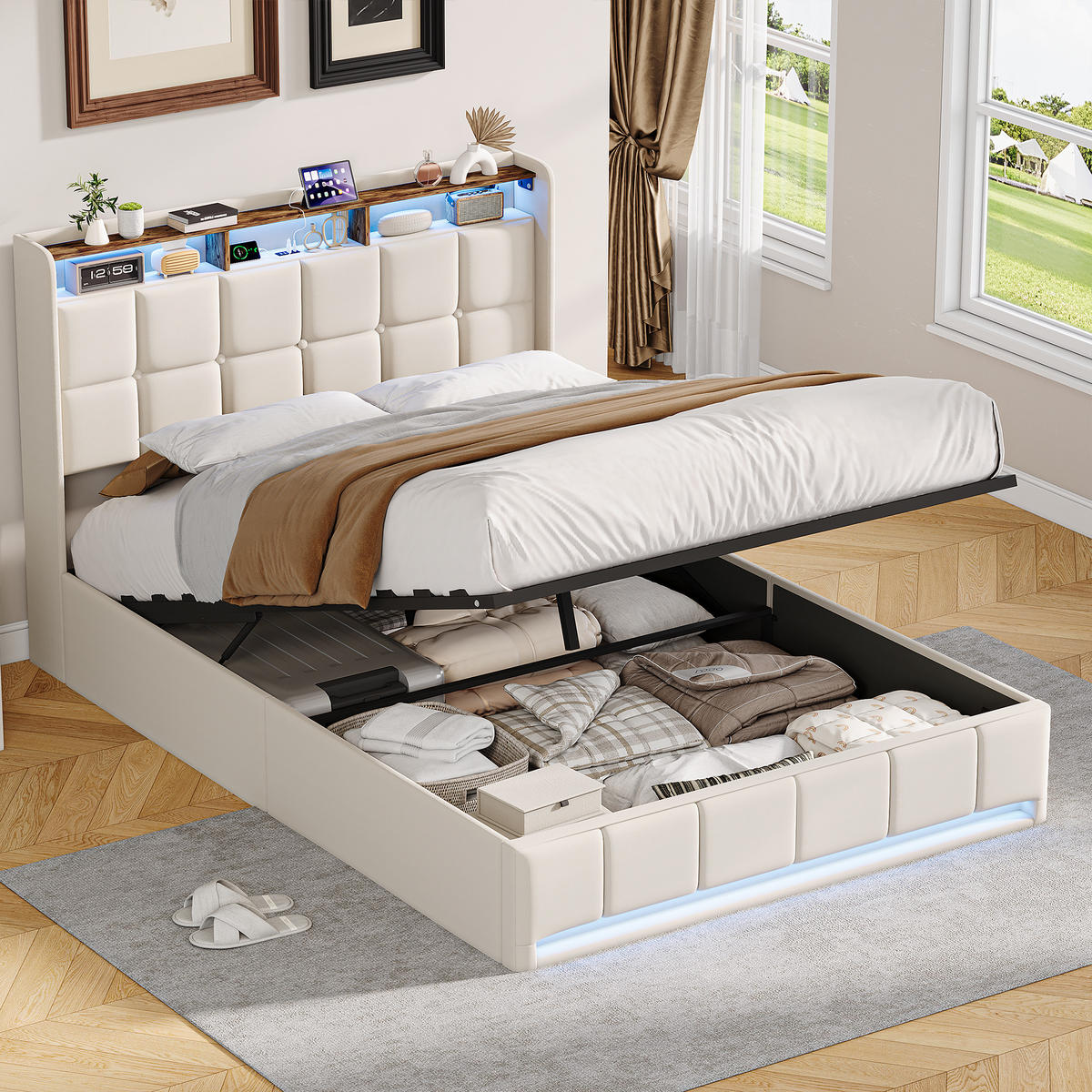 POLSTERBETT 140x200 cm LED USB C Hydraulik Stauraum Metall beige - Beige, Holz (140/200cm) - LEBENLANG
