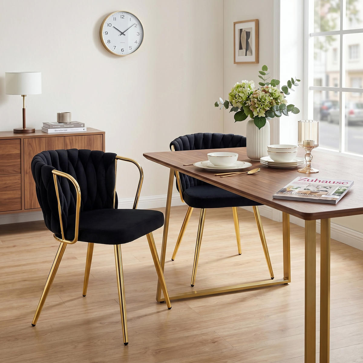 ESSZIMMERSTUHL 2ER-SET aus Samt mit goldenen Beinen, ergonomisch gepolstert - Schwarz, Textil (43/76/58cm) - Urban Meuble
