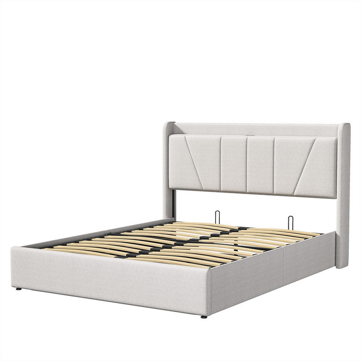 POLSTERBETT 160x200 cm - Hydraulisches Stauraumbett mit USB- und Type-C-Ladefunktion - ohne Matratze - Beige - Beige, Textil (160/200cm) - DELFA