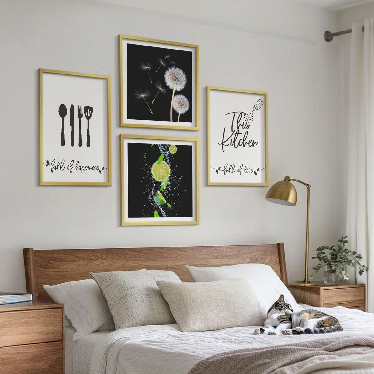 BILDER SET 4er Set - 50x50 cm & 40x60 cm Goldrahmen - Löwenzahn-Kalk-Kücheninschriften - Goldfarben, Kunststoff (50/50cm) - TULUP