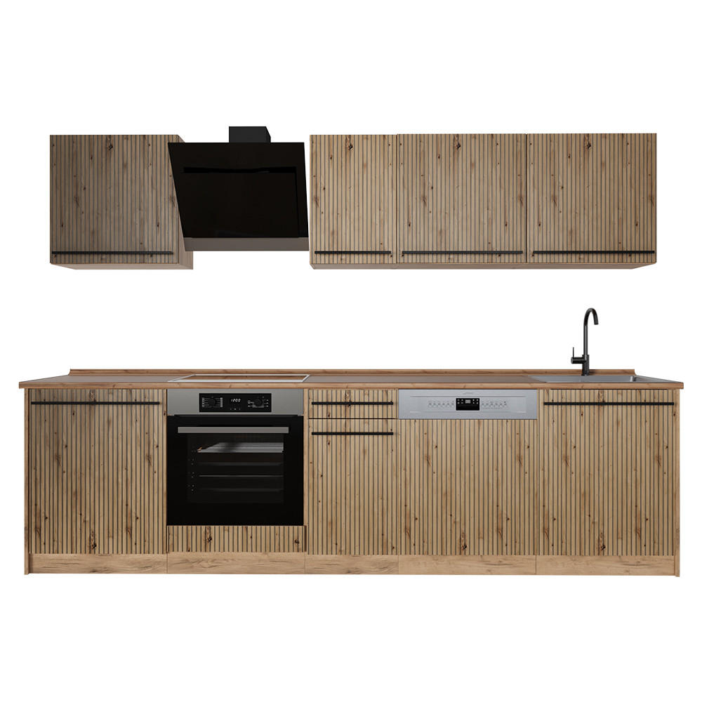 KÜCHENZEILE R-Line, Artisan-Eiche/Goldkraft Eiche, 280 cm Arbeitsplatte Goldkraft Eiche - Honigeiche/Eiche Artisan, Holzwerkstoff (280/206.8/60cm) - Vicco