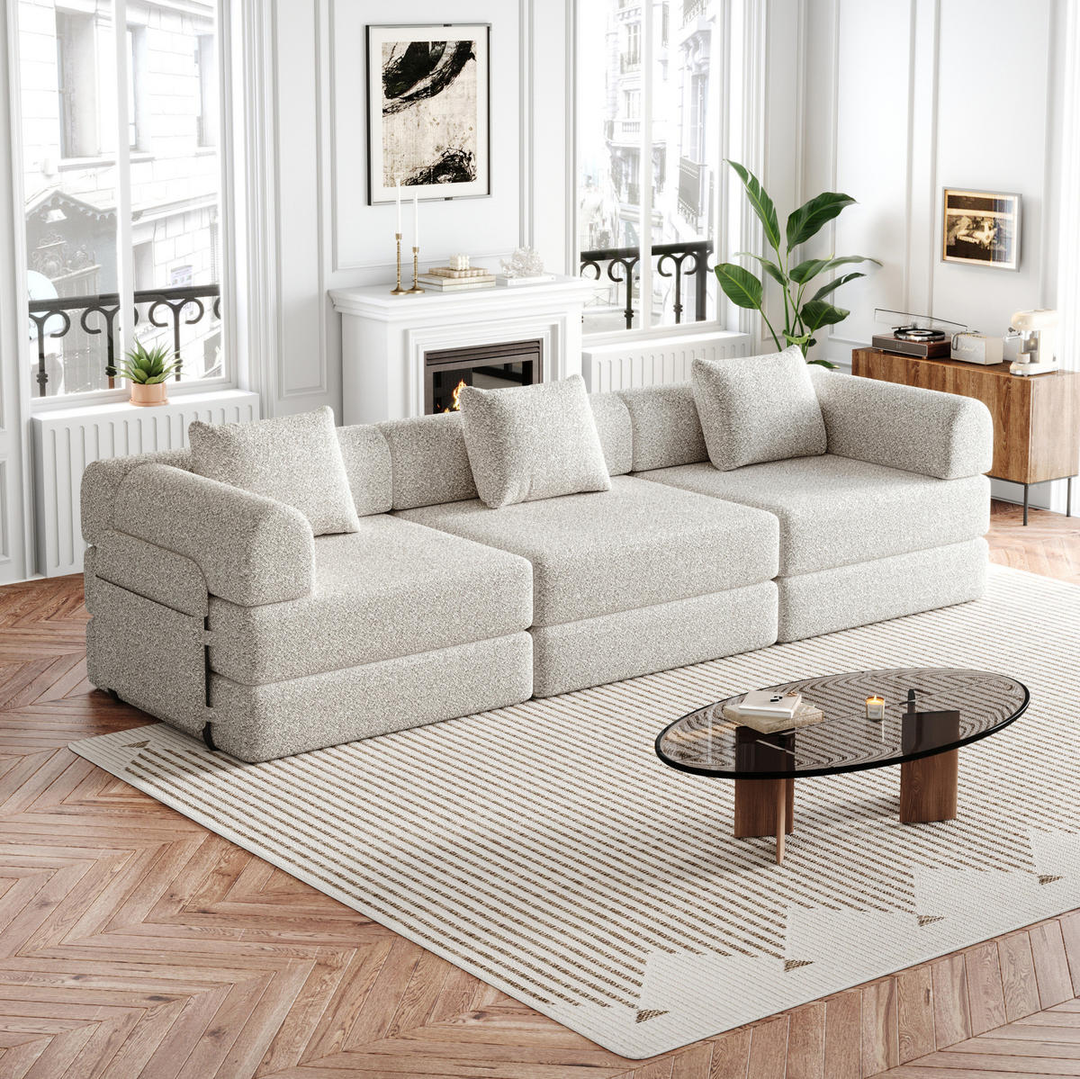 SCHLAFSOFA 2-in-1 in Khaki – mit Armlehnen-Staufach und Chenillebezug - Naturfarben, Textil (181.6/49.5/94cm) - BEAOK