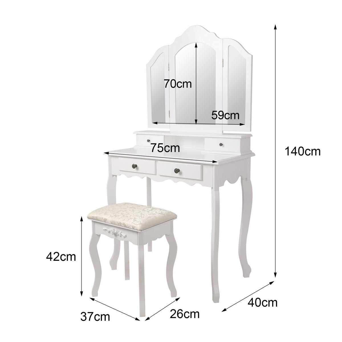 TOALETNÍ STOLEK obdélníkový bílý 75/140/40 cm - bílá, kompozitní dřevo (40/140/75cm) - ML-DESIGN