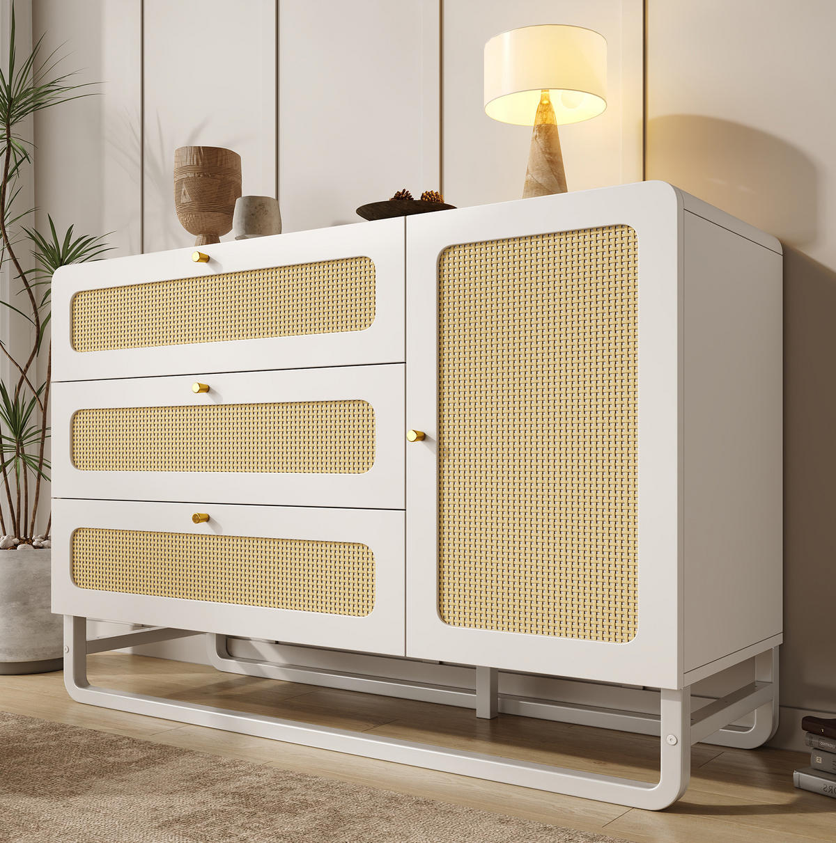 SIDEBOARD 120/40/85 cm weiß aus MDF und Metall mit Rattandekor - Weiß, Metall (120/85/40cm) - OKWISH