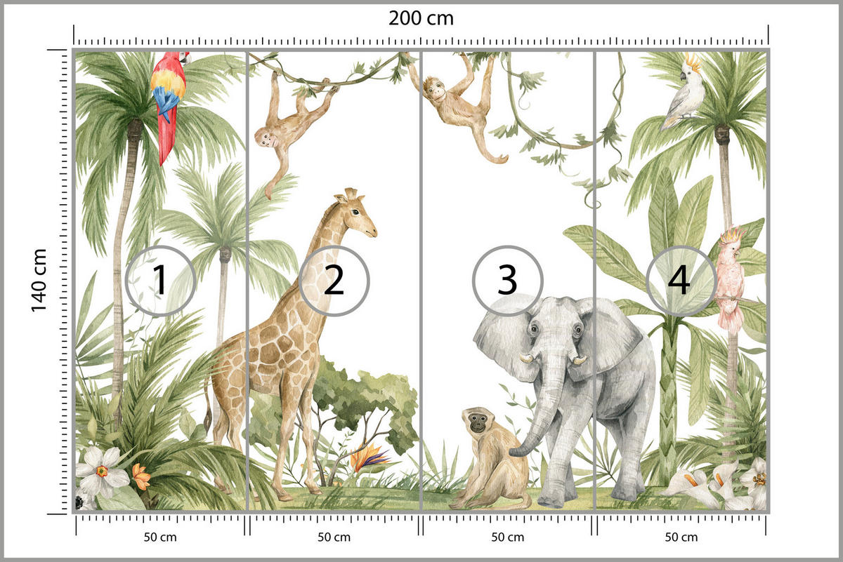 FOTOTAPETE für Kinderzimmer Dschungel Tiere Giraffe Elefant Palmen 200x140 - Beige/Rot, Papier (200/140cm) - Muralo