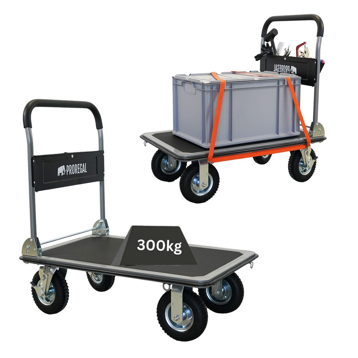 PLATTFORMWAGEN Transportwagen Rhino 300kg klappbar mit Luftreifen & Werkzeugtasche - Schwarz, Metall (90/60/94cm) - PROREGAL