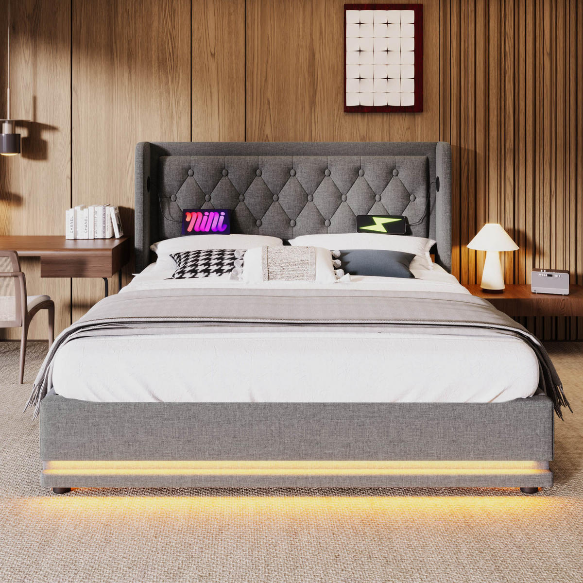 BETT mit Bettkasten 180x200 cm Baumwolle Grau mit USB, LED - Grau, Metall (180/200cm) - Meubliv