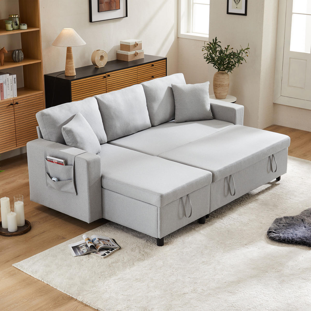 ECKSCHLAFSOFA Leinen mit Stauraum und wechselbarer Chaiselongue Grau 219,5/142,5/83 cm - Grau, Textil (83/142.5cm) - Redom