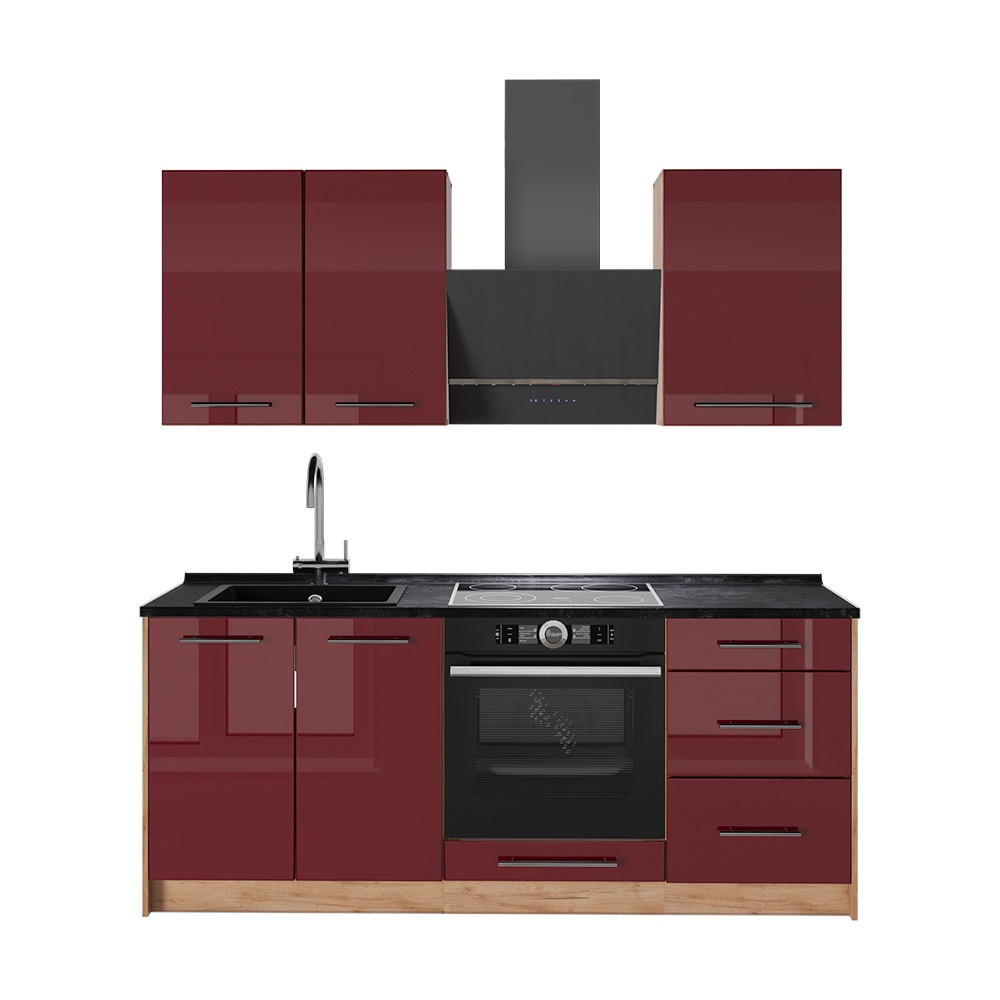 SINGLEKÜCHE Fame-Line, Bordeaux Hochglanz/Goldkraft Eiche, 190 cm, AP Anthrazit - Honigeiche/Bordeaux, Holzwerkstoff (190/82/60cm) - Vicco
