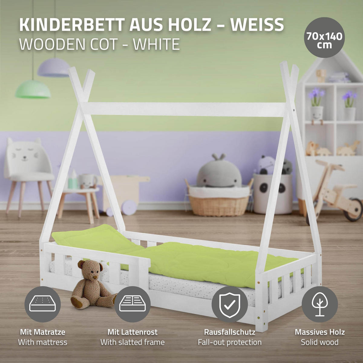 KINDERBETT Tipi mit Matratze 70x140 cm Weiß - Weiß, Holz (76/141/148cm) - ML-DESIGN